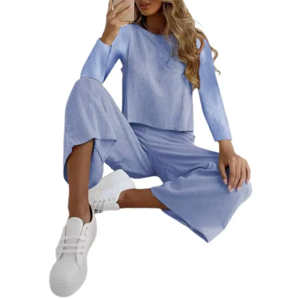 

Женский спортивный костюм из топа и брюк, однотонный костюм из двух предметов с широкими штанинами, блузка с круглым вырезом и брюки с эласт...