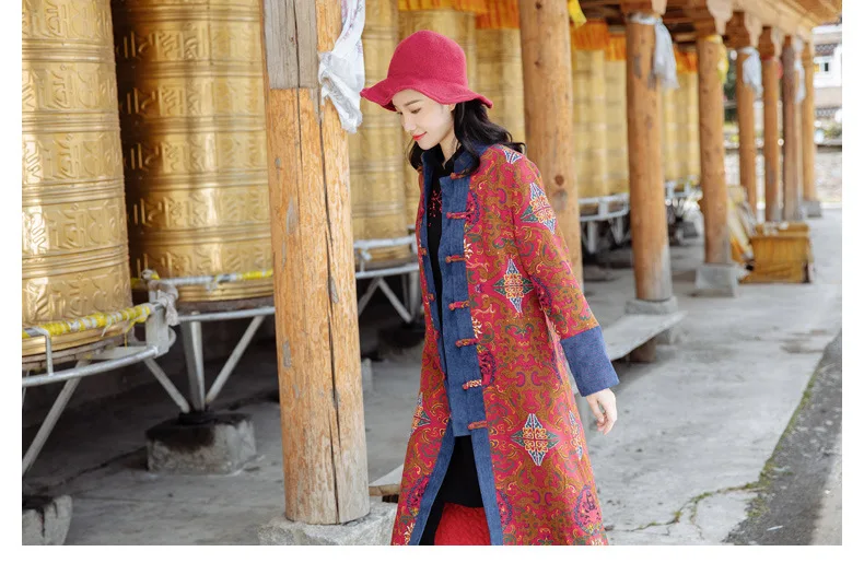 Autumn and winter Tibetan style women's clothing retro Chinese style Tang style coat Chinese style long loose windbreaker