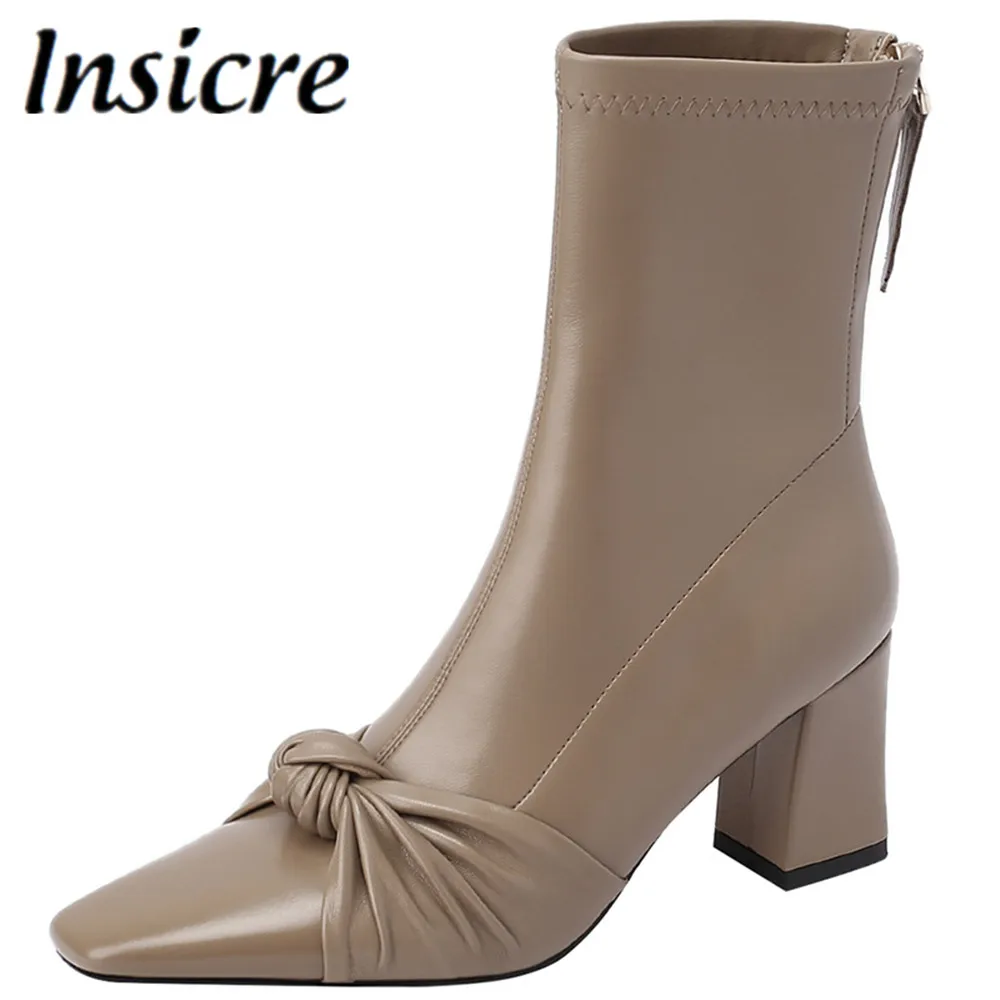 

Insicre Fashion Female Office Concise Mature Ankle Boots Square Toe Thick High Heels Bowknot Pleated Women Party Shoes Apricot