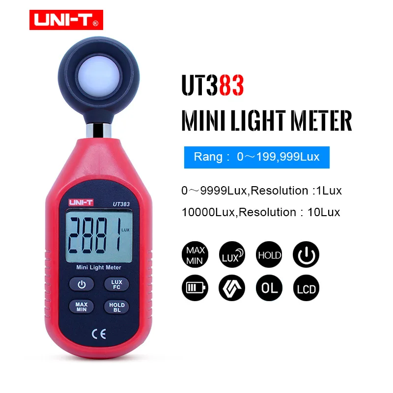 

Измеритель освещенности UT383, UNI-T люкс, цифровой измеритель яркости, ФК тест, макс. минимальные осветительные приборы, фотометр