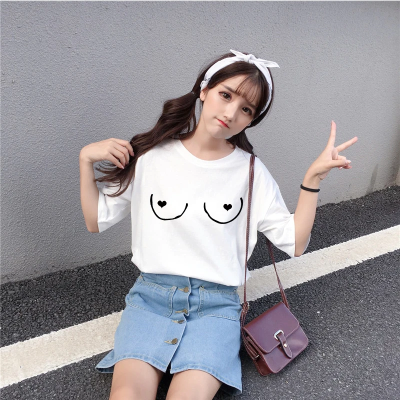 

New 2021 Personality Chest Women T Shirt Print Aesthetic Short Sleeve Casual White Top Tee Female Harajuku fashion Clothes
