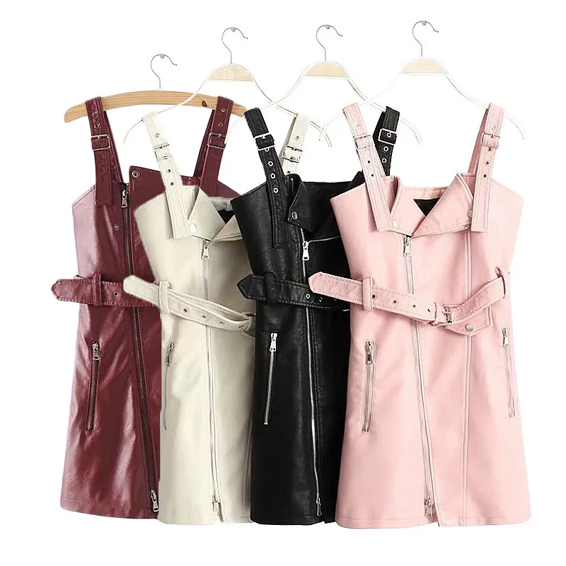 

Womens Sash Zipper Sexy Strap Mini Dress 2021 PU Leather Dress Spring Black Sundress Vestidos Backless Gothic Dress