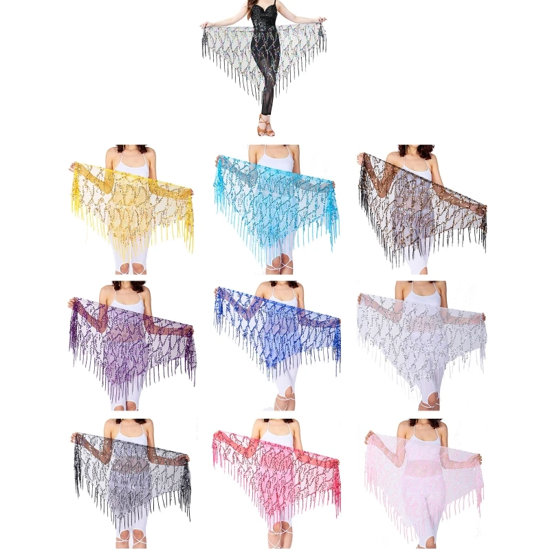 

Women Sequin Tassel Sexy Wrap Irregular Skirt Belly Dance Hip Triangle Scarf Waist Chain Stage Performance Club Costume