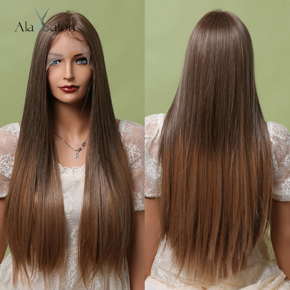 Marrom para Aquecer Dianteira do Laço Sintético para as Mulheres Resistente ao Calor Perucas de Cabelo do Laço Alan Eaton Longa Reta Cinza Brown Peruca Parte Média