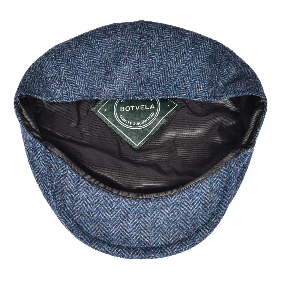 100% Шерстяная кепка из плюща плоская в елочку твидовая Кепка синяя для вождения