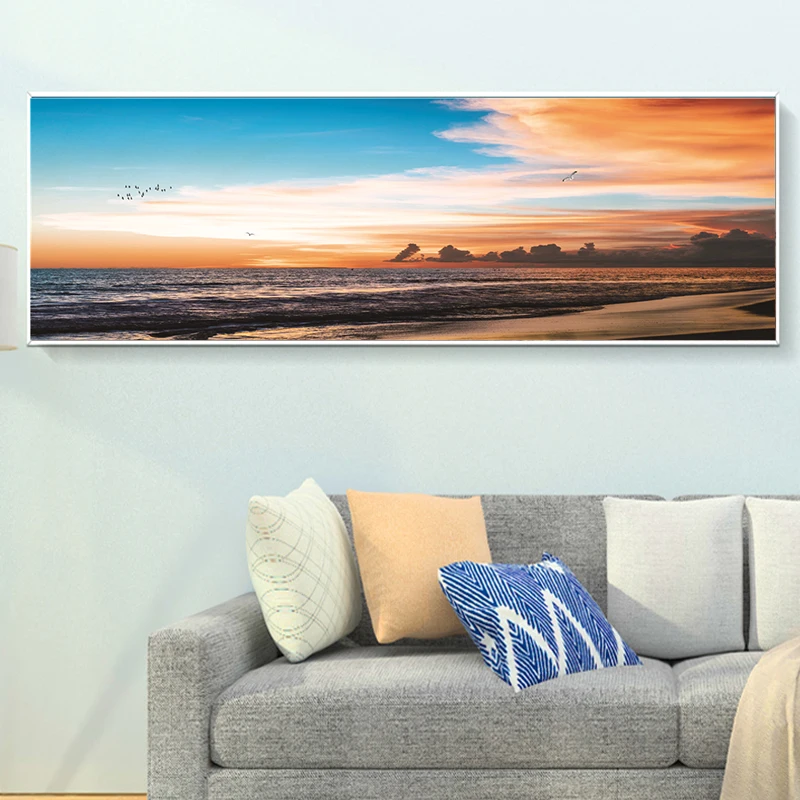 Abstract Seascape Sunset Glow Posters and Prints Wall Art Canvas Painting Coastal Red Clouds Picture for Living Room Décor | Дом и сад