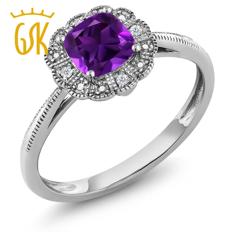 10K кольцо из белого золота Подушка Фиолетовый аметист с бриллиантовым акцентом (в