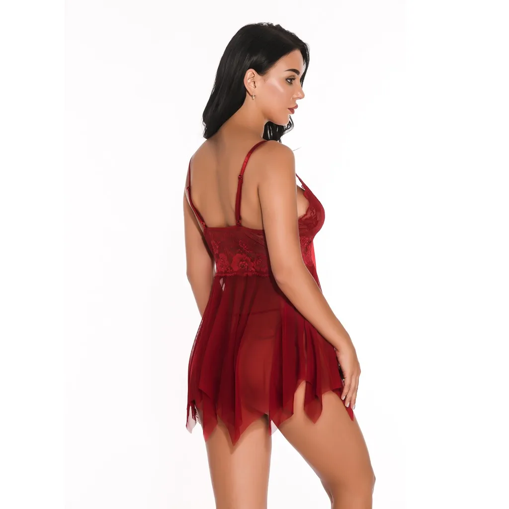 

Sexy Lingerie Women Porno Babydoll Nightdress Lenceria Mujer V Neck Lace Sexy Nightgown with G-string Erotic Underwear Costumes