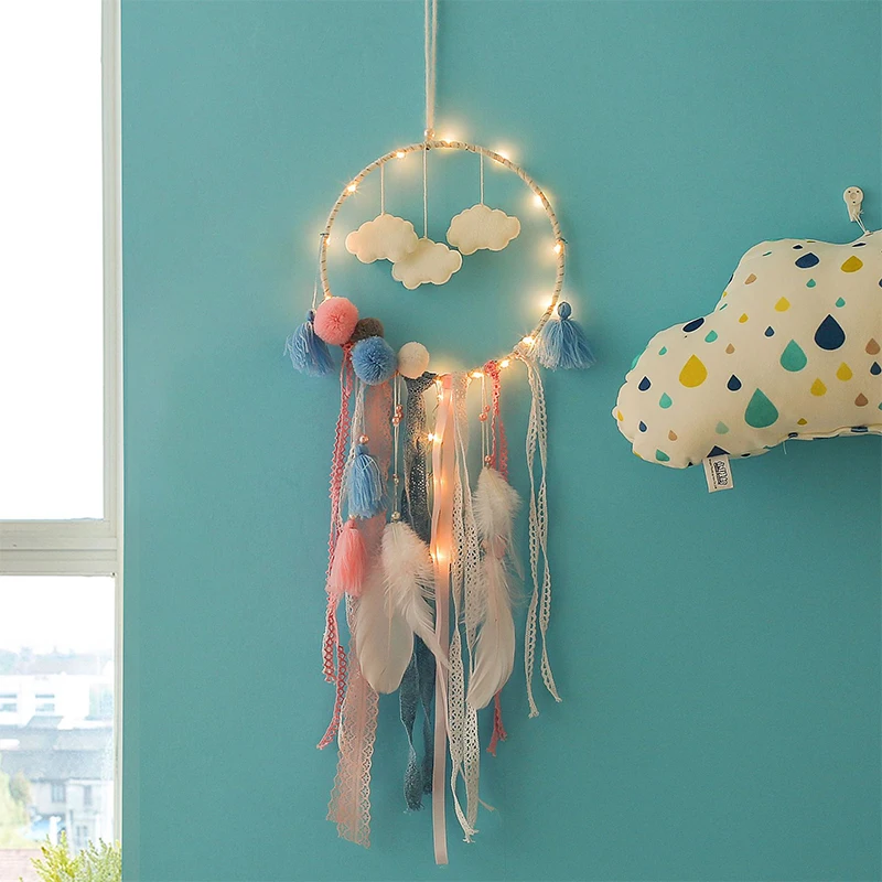 

Kawaii Dream Catcher Kids Room Decoration Baby Girl Bedroom Wall Hanging Ornaments for Home Decor Feathers Pendant with Light