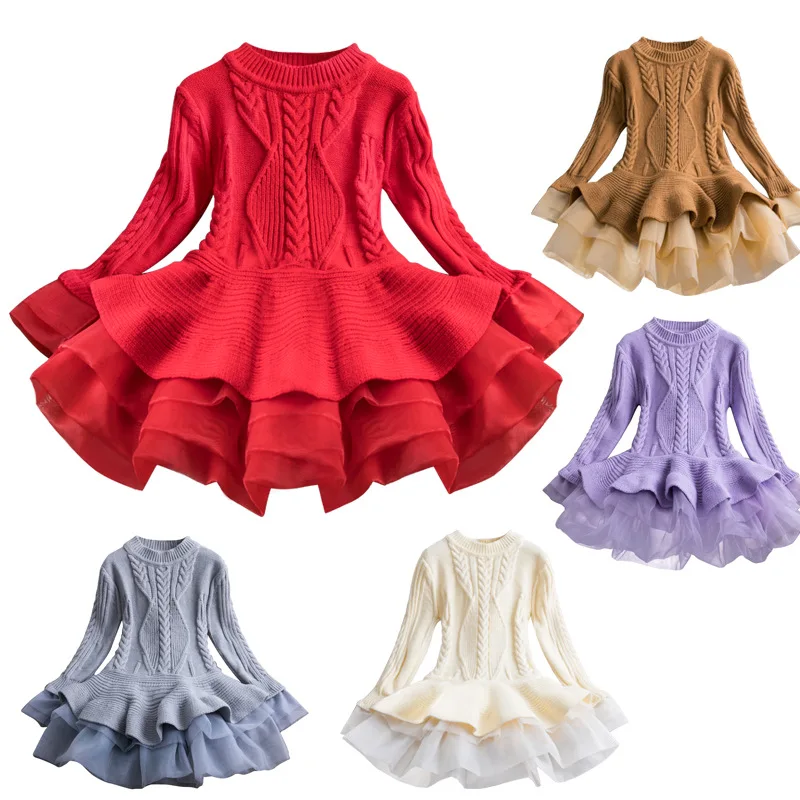 

2021 Winter Knitted Chiffon Girl Dress Christmas Party Long Sleeve Children Clothes Kids Dresses For Girls New Year's Clothing