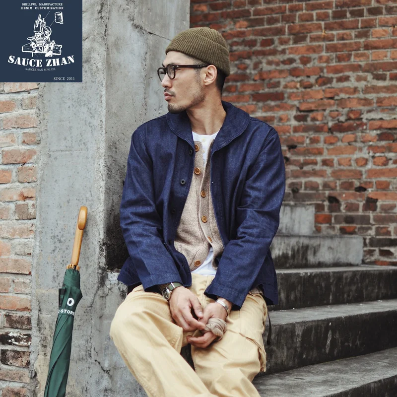 

Мужская джинсовая куртка SauceZhan, винтажная синяя хлопковая джинсовая куртка темно-синего цвета