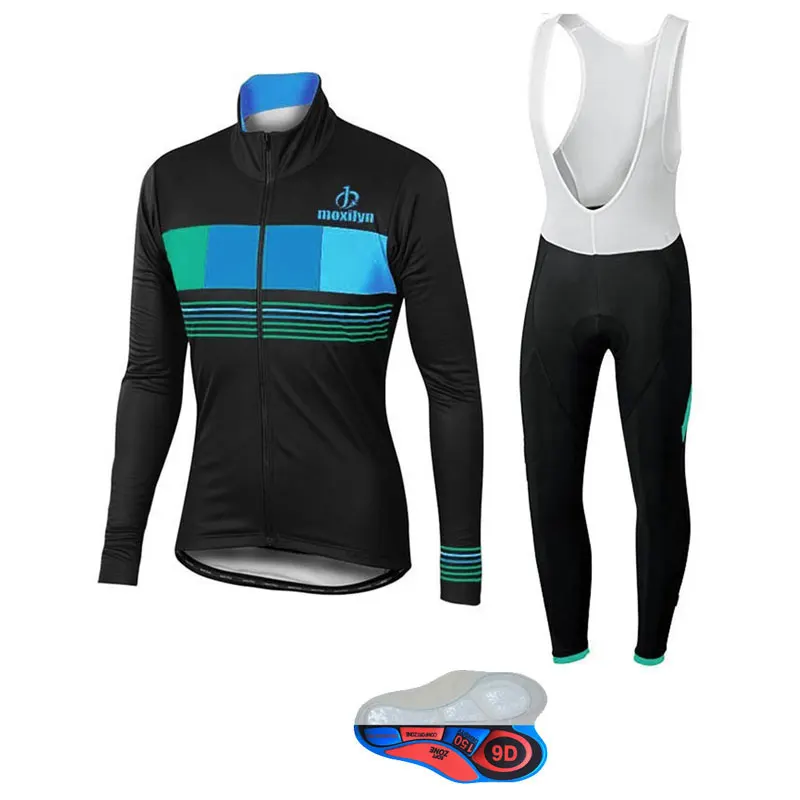 blue set no fleece Одежда для велоспорта, комплект с нагрудником, с длинным рукавом, велосипедная Джерси, Ropa Ciclismo, велосипедная Джерси, быстросохнущая Мужская спортивная одежда, MTB, велосипедная одежда - Цвет: blue set no fleece