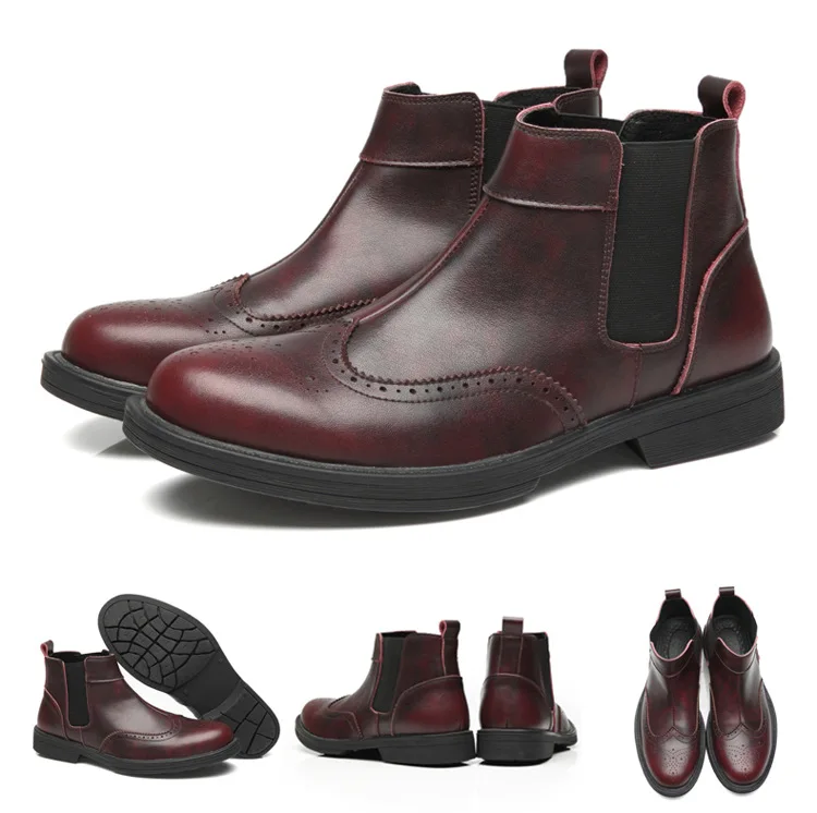 Winter PU Chelsea Boots Men Elastic Band Pointed Toe Ankle Boots Solid Casual Motorcycle Shoes Plus Size Black Brown