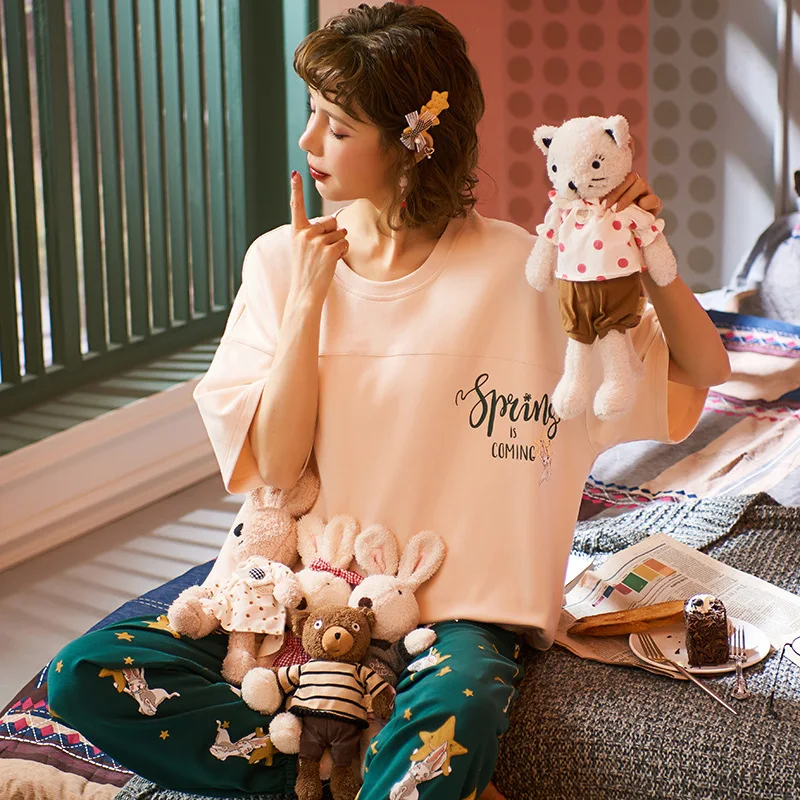 

SLPBELY Trousers Short Sleeves Sweet Lovely Pyjamas Women Cartoon Pure Cotton Pajamas Two-Piece Set Round Neck Student Pajamas