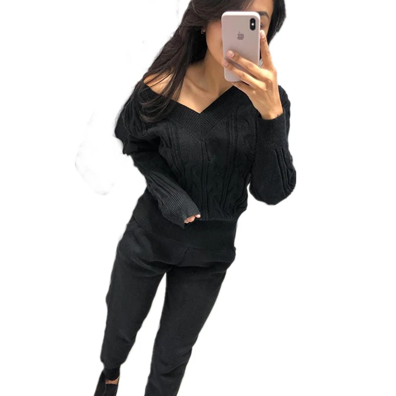 MVGIRLRU/осенне-зимний комплект со свитером; вязаный костюм из двух предметов с v-образным вырезом