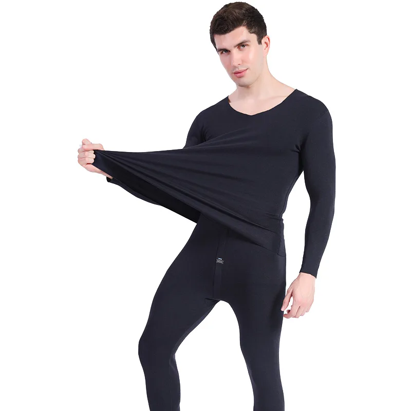 Мужской Бархатный комплект теплого термобелья бесшовная рубашка с V-образным