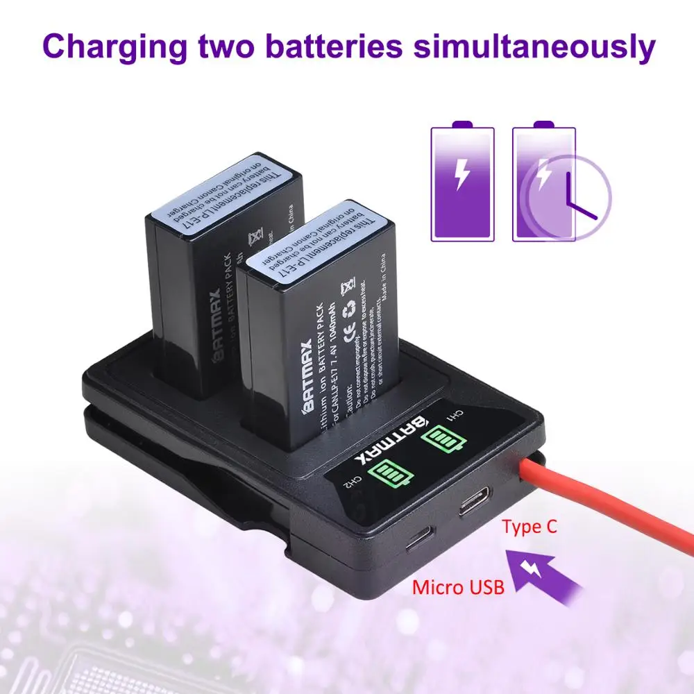 Batmax LP-E17 LP E17 LPE17 Battery+New LED Dual USB Charger with Type C Port for Canon EOS 200D M3 M6 750D 760D T6s 800D 8000D |