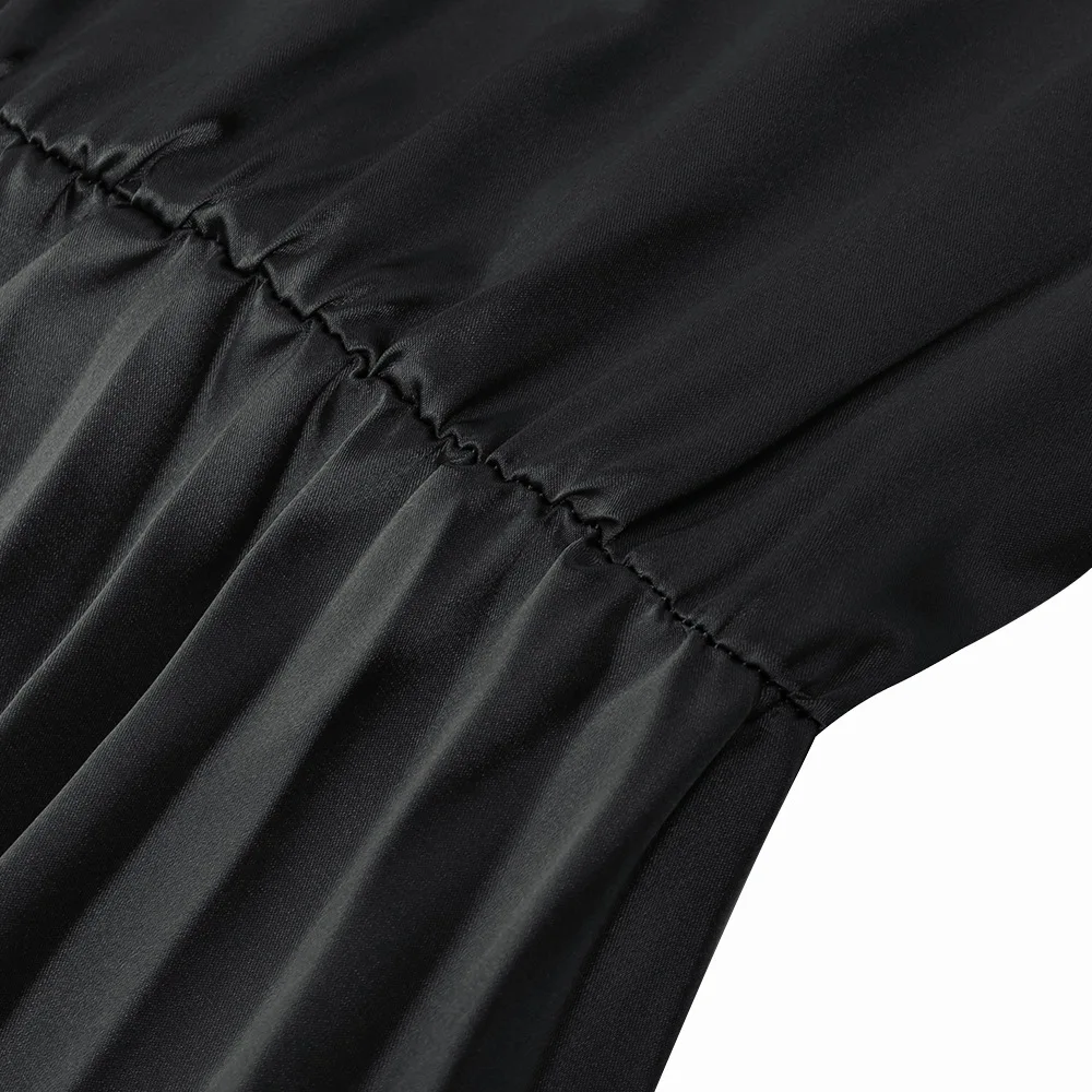 Adogirl Elegant Ruched Satin Dress Women Vintage Off Shoulder Wrap V Neck Long Lantern Sleeve A-Line Sexy Party Vestidos | Женская