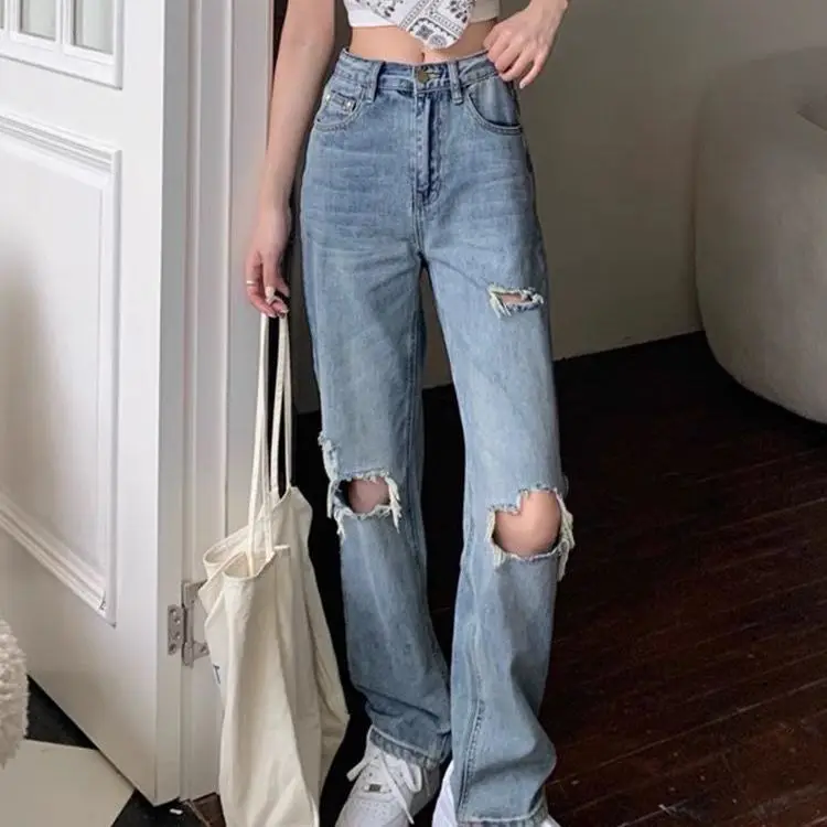 

Hole jeans women's new summer 2021 retro loose high waist SLIM STRAIGHT pants[Finished on May 31]