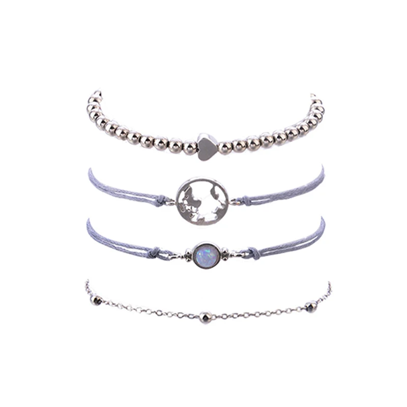4 Pcs/Set Chians Bracelets Sets World Map Heart Beads Opal Handmade Rope Bracelet Trendy Accessories Jewelry Party Gifts | Украшения и