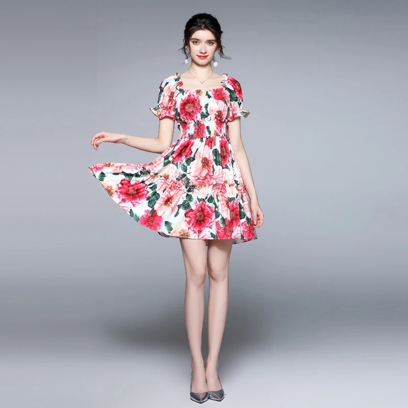 

2021 Summer Fasion Designer Layered Pleated Swing Floral Print Mini Dress Slash Neck Elgant Party Short Beach Dresses Vestidos