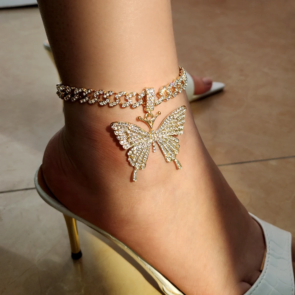 

Big Butterfly Anklets for Women Iced Out Bling Crystal Miami Cuban Link Chain Anklet Punk Hip Hop Luxury Rhinestone Foot Jewelry