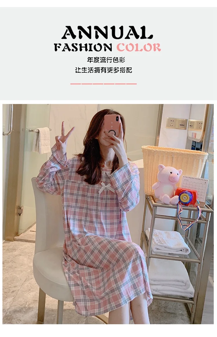Spring Autumn Casual Plaid Cotton Nightgowns for Women Long Sleeve Loose Night Dress Home Dress Sleepwear Nightdress Nighty