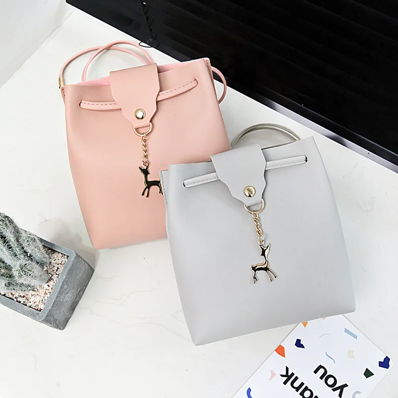 

Multicolor Simple Classic Women's Crossbody Bags Pure Color Metal Pendant Bucket Bag Drawstring Design Satchels Female Pockets