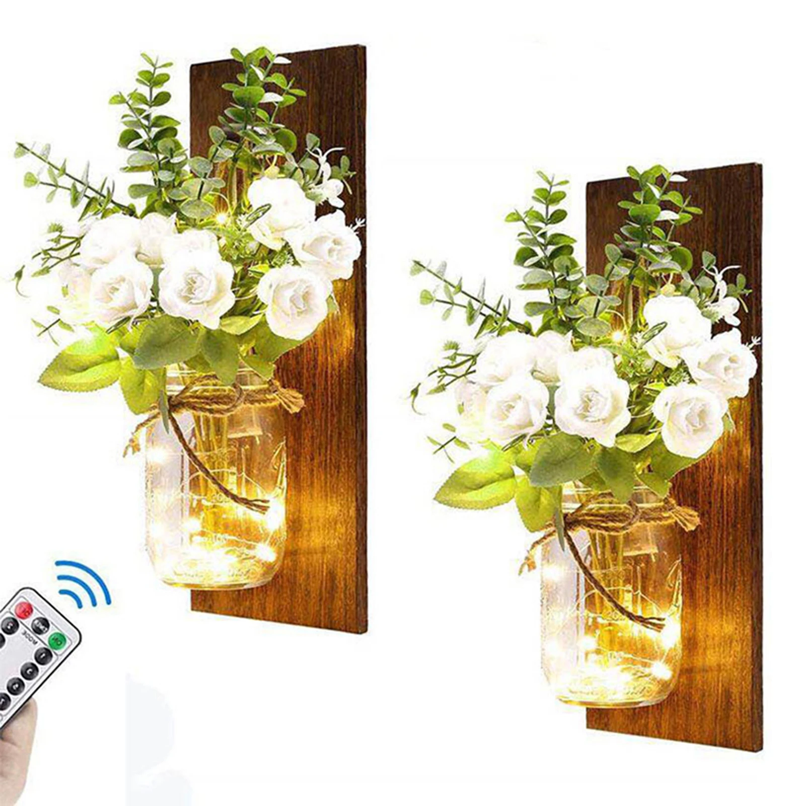 

Rustic Wall Sconces Sconces Handmade Wall Art Hanging Design with Remote Control LED Light and White Peony CANQ889