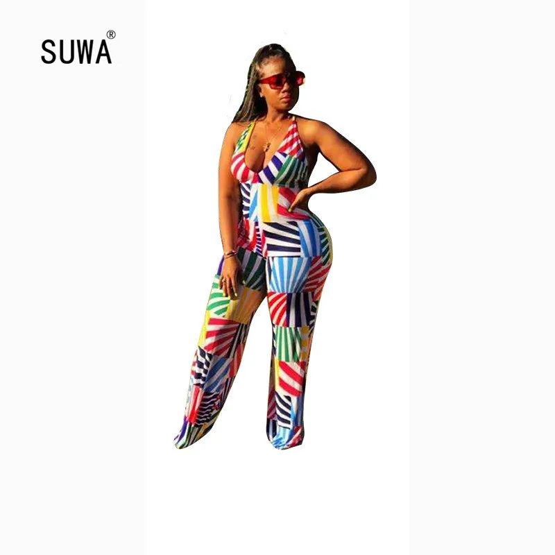 

Creative Design Colorful Striped Straight Long Rompers Beach Casual Sexy Ladies Halter Collar Sleeveless Catsuit Overalls