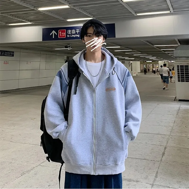 

Japanese fashion loose plus velvet thick baseball uniform zipper warm Harajuku stitching cardigan hooded sweater couple jacket