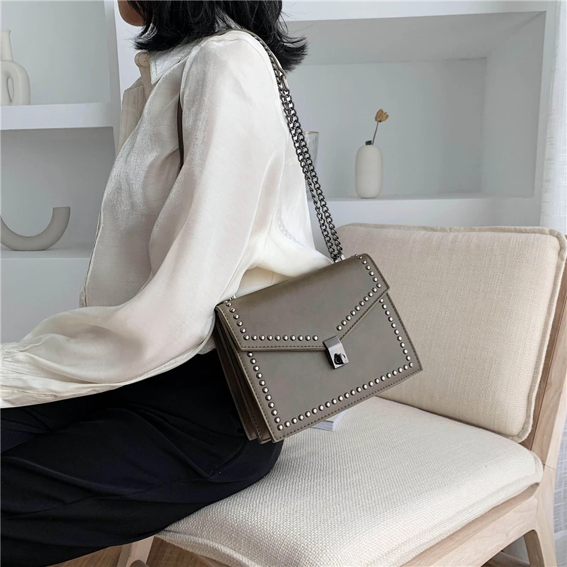 

Scrub Leather Brand Designer Female Fashion Shoulder Simple Bags for Women 2021 Chain Rivet Luxury Crossbody Bag