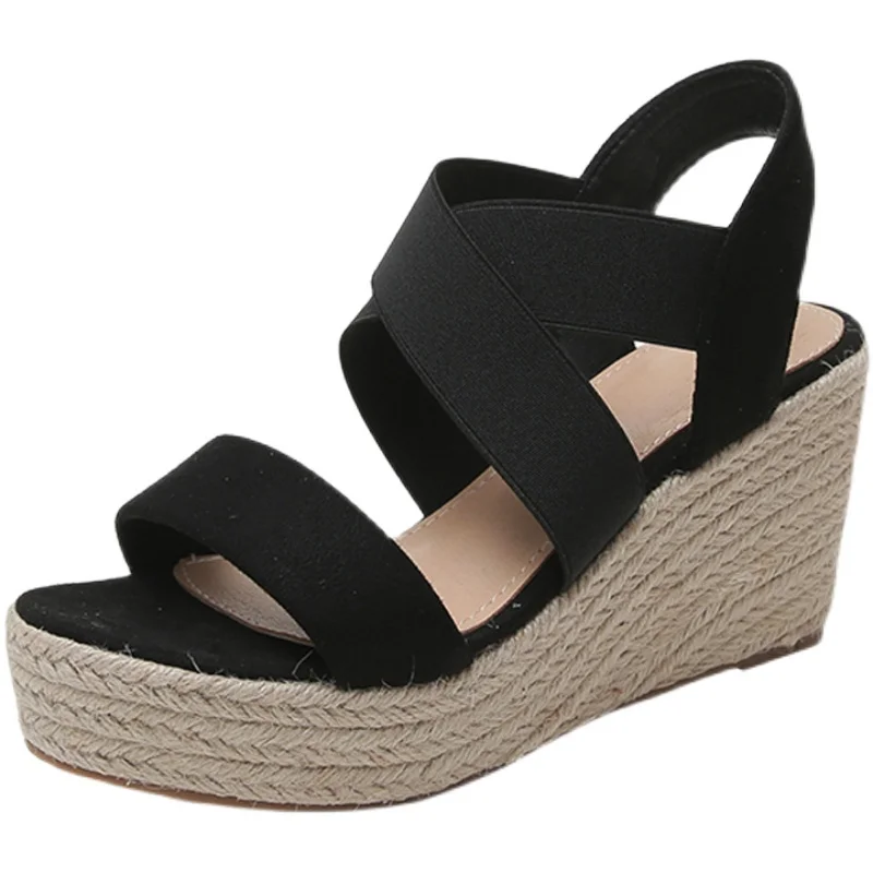 

2021 Summer Black Platform Sandals Female Shoe Cross-Shoes Breathable Open Toe Strappy Heels Muffins shoe Clogs Wedge Nubuck Esp