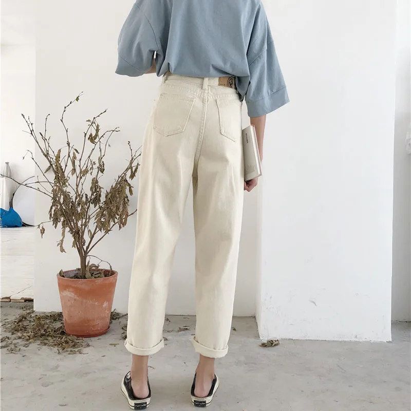 Женские джинсы бежевые джинсовые с высокой талией до щиколотки свободные