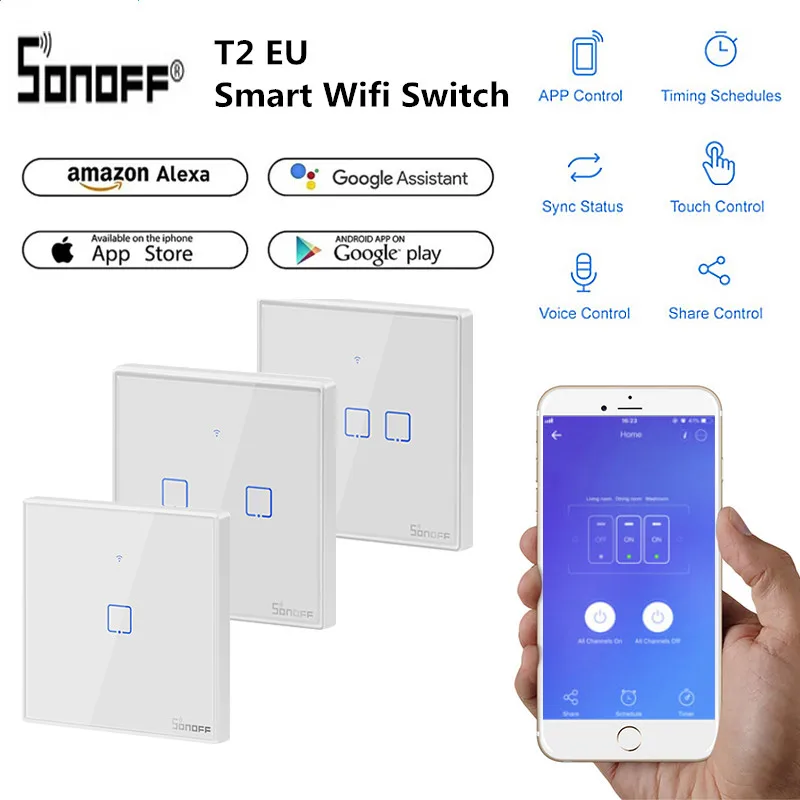

Sonoff T1/T2 US/EU Smart Wifi Wall Light Switch 1 2 3 Gang Touch/WiFi/APP Remote Smart Wall Touch Switch with Alexa Google Home
