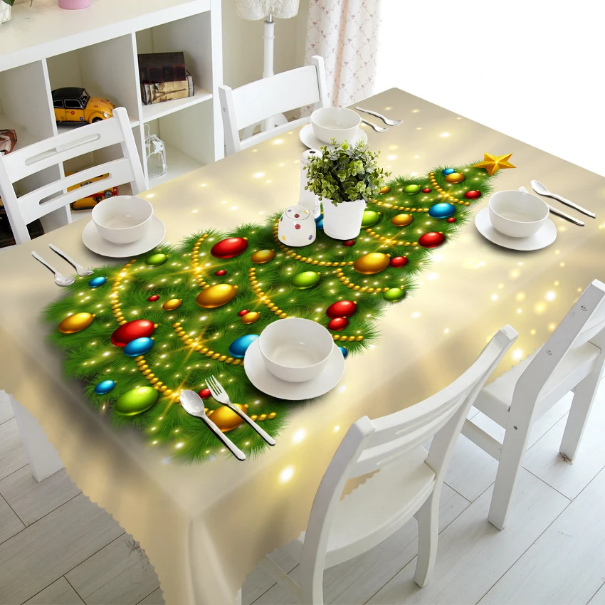 

3D Tablecloth Merry Christmas Luminous Christmas Tree Pattern Waterproof Thicken Rectangular and Round Table Cloth for Wedding