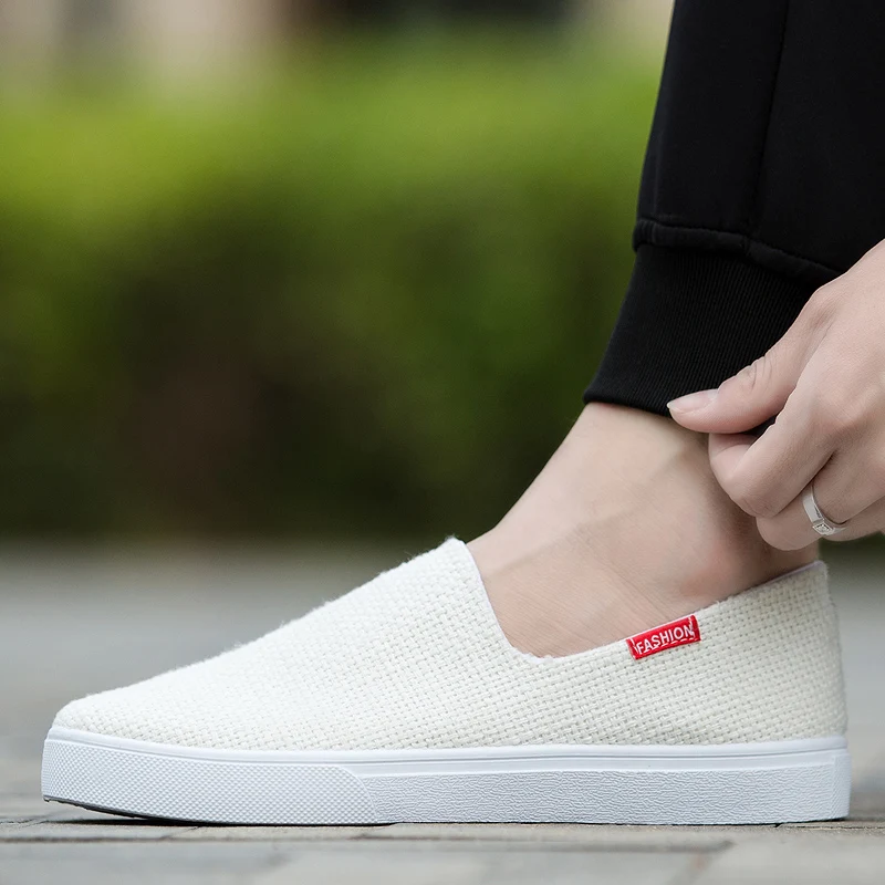 Linen Canvans Slip On Sneakers Men 2020 Spring Summer Shoes White Canvas Uomo Beige Black Sepatu Casual Pria | Обувь