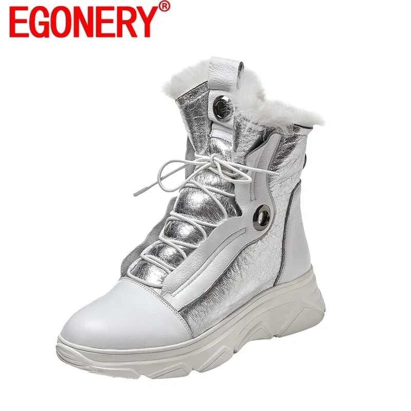 

EGONERY Snow Boots Women Genuine Leather Wedges Cross Tied Winter Shoes 2022 New Style Fashion Round Toe Warm Wool Booties Lady