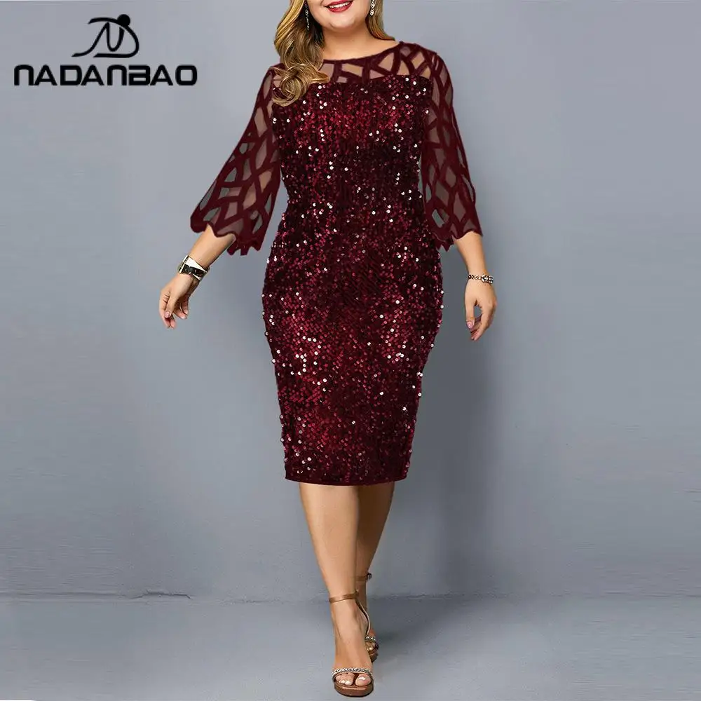 

NADANBAO Ladies Elegants Party Dress New Design Sequins Oversized Women's Dresses Hollow Bodycon Three Quarter Outfits Plus Size