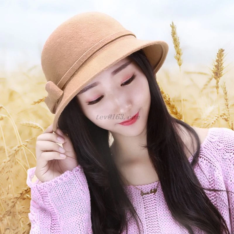 Autumn Winter Womens Vintage Style Faux Wool Cloche Bowler Bucket Hat with Bow Accent
