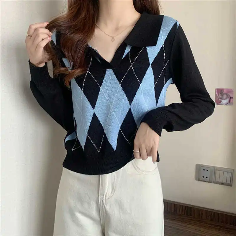 

Дышащая женская трикотажная одежда с длинным рукавом на осень и зиму, женский короткий свитер в Корейском стиле с отворотом в клетку и страз...