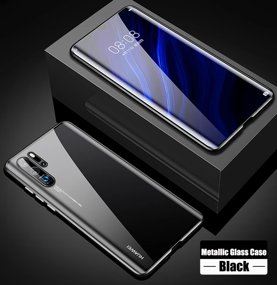 Магнитный абсорбционный металлический флип-чехол для huawei P30 P30Pro P30Lite, двухстороннее закаленное стекло для huawei P30 Pro, чехол