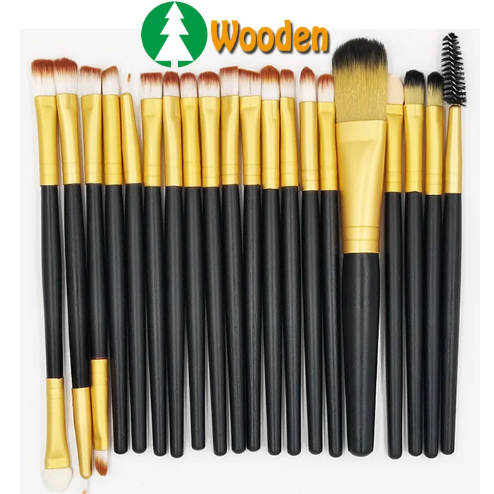 Black-Wooden Gold 20 шт., наборы кистей для макияжа, основа, пудра, Косметические румяна, тени для век, красота, блеск, макияж, брус, косметический набор инструментов для красоты - Handle Color: Black-Wooden Gold