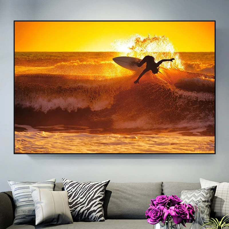 

Surfing Waves on The Wall Canvas Painting Sunset Scenery Seascape Posters and Prints Wall Art Pictures for Living Room Decor