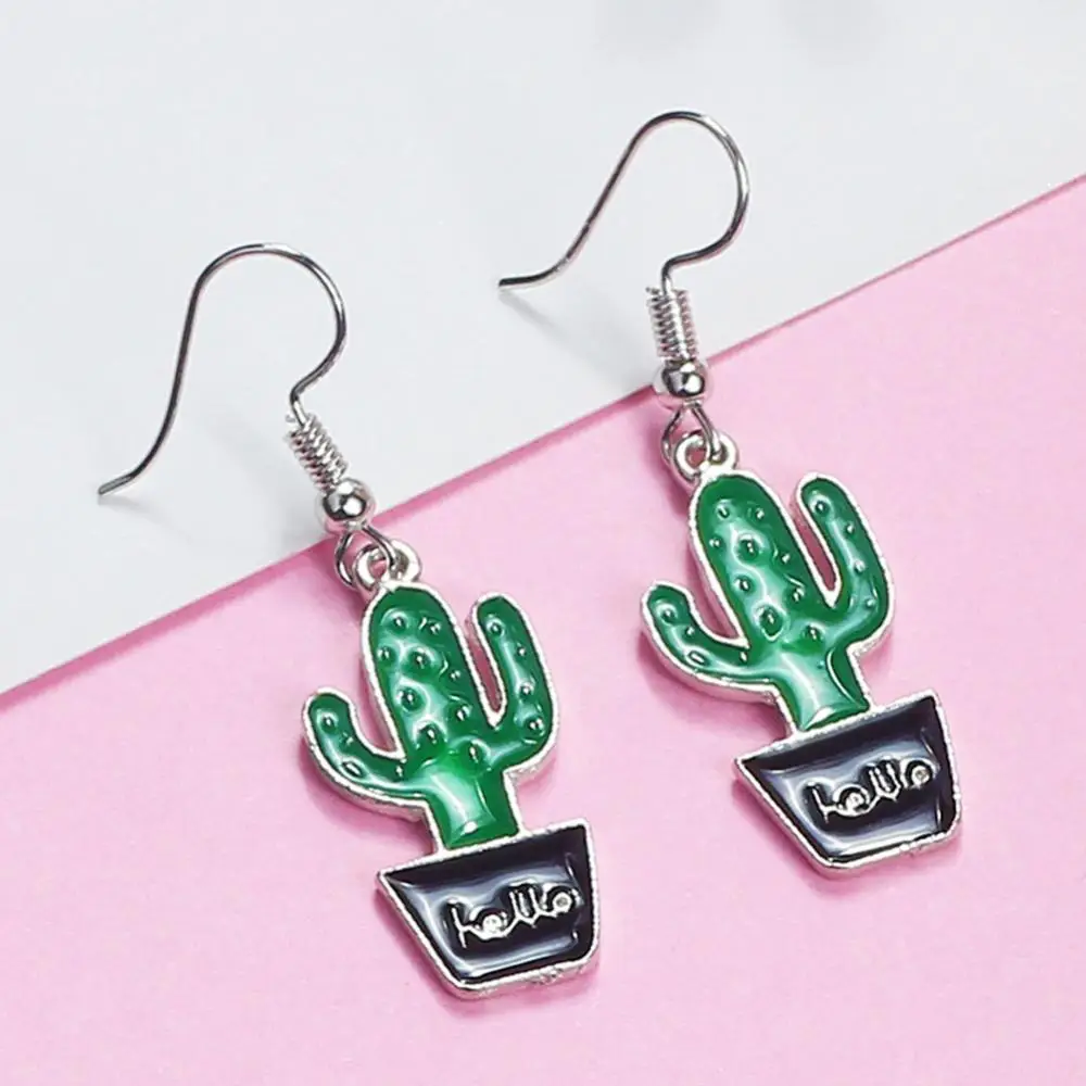 

Women Cute Cartoon Potted Cactus Green Plant Pendant Hook Earrings Jewelry