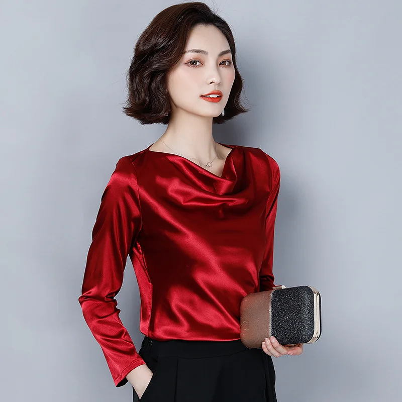 Корейские модные шелковые женские блузки атласные осенние белые рубашки плюс