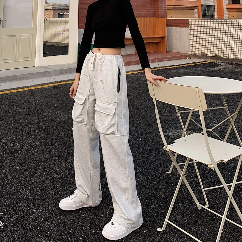 

Spring New Korean Causal Cargo Pants Women Clothing Ins Harajuku White Wide Leg Causal Long Capris Drawstring Sweatpants Hipster