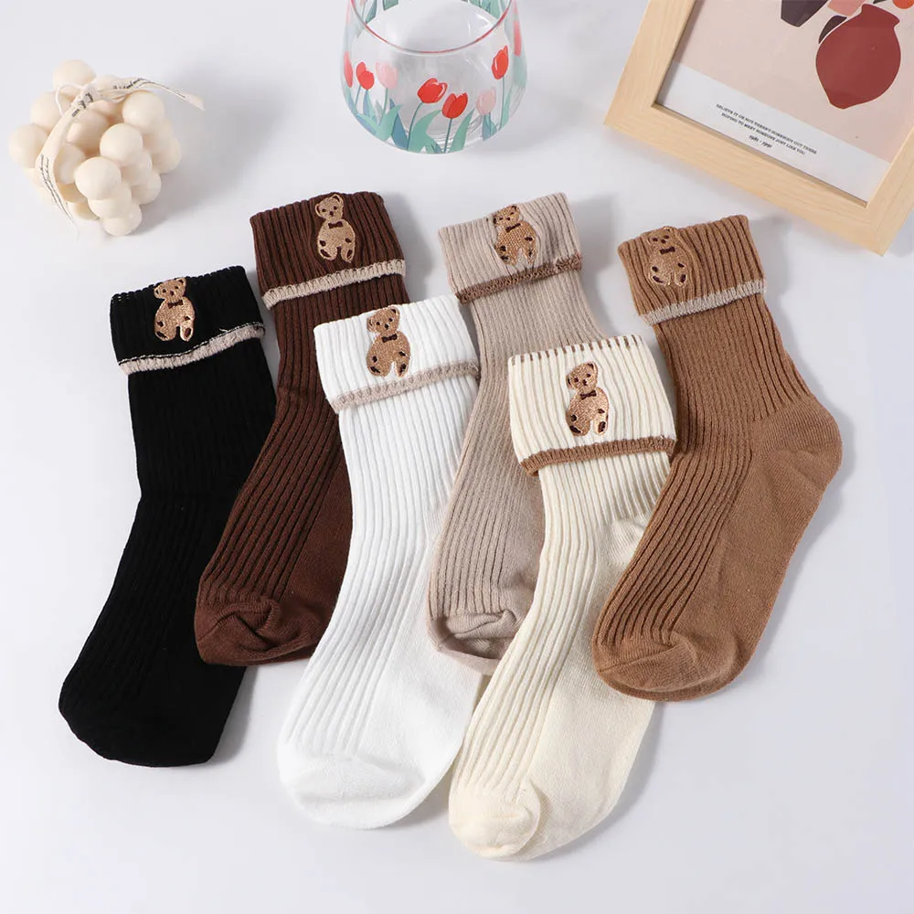 

Cartoon Cute Socks Animal Print Embroidery Bear Sport Fashion Kawaii Middle Tube Women Cotton Harajuku Hosiery
