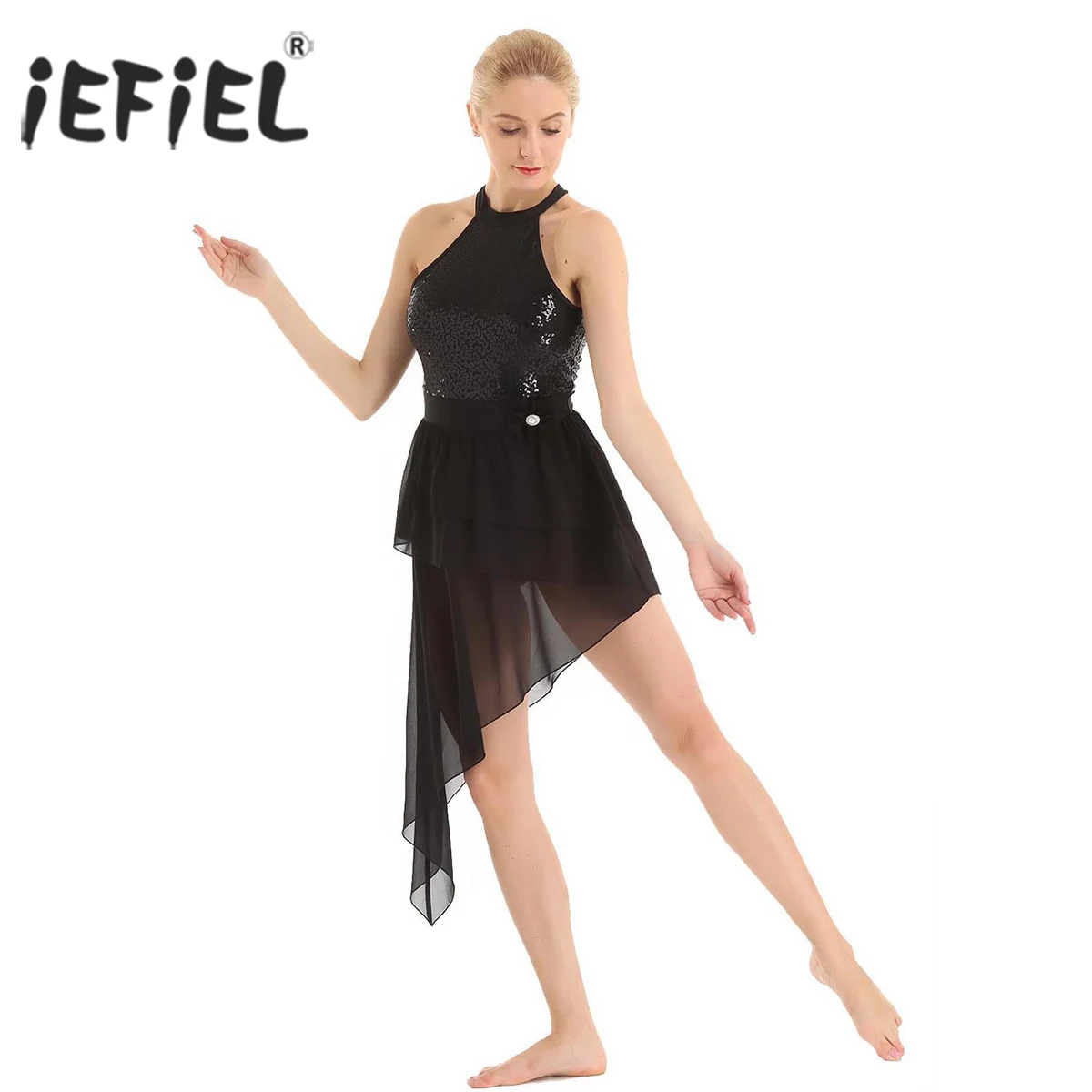 

iEFiEL Women Adult Shiny Sequins Halter Neck Ballet Performance Asymmetric Chiffon Ballet Dance Gymnastics Leotard Dress