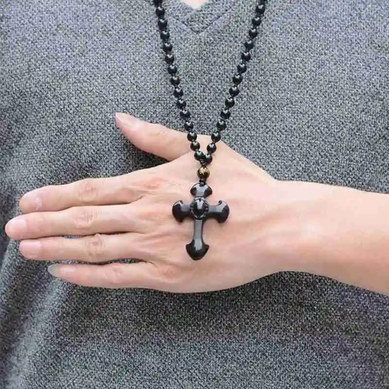

Natural Black Obsidian Cross Pendant Necklace Good Luck Necklace Carved Hand Gift Jewelry Beads Women Lucky Pendant Men Necklace